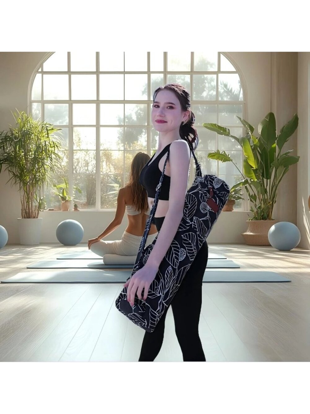 Elenture Yoga Mat Bag With Leaf Pattern Adjustable Shoulder Strap Lightweight